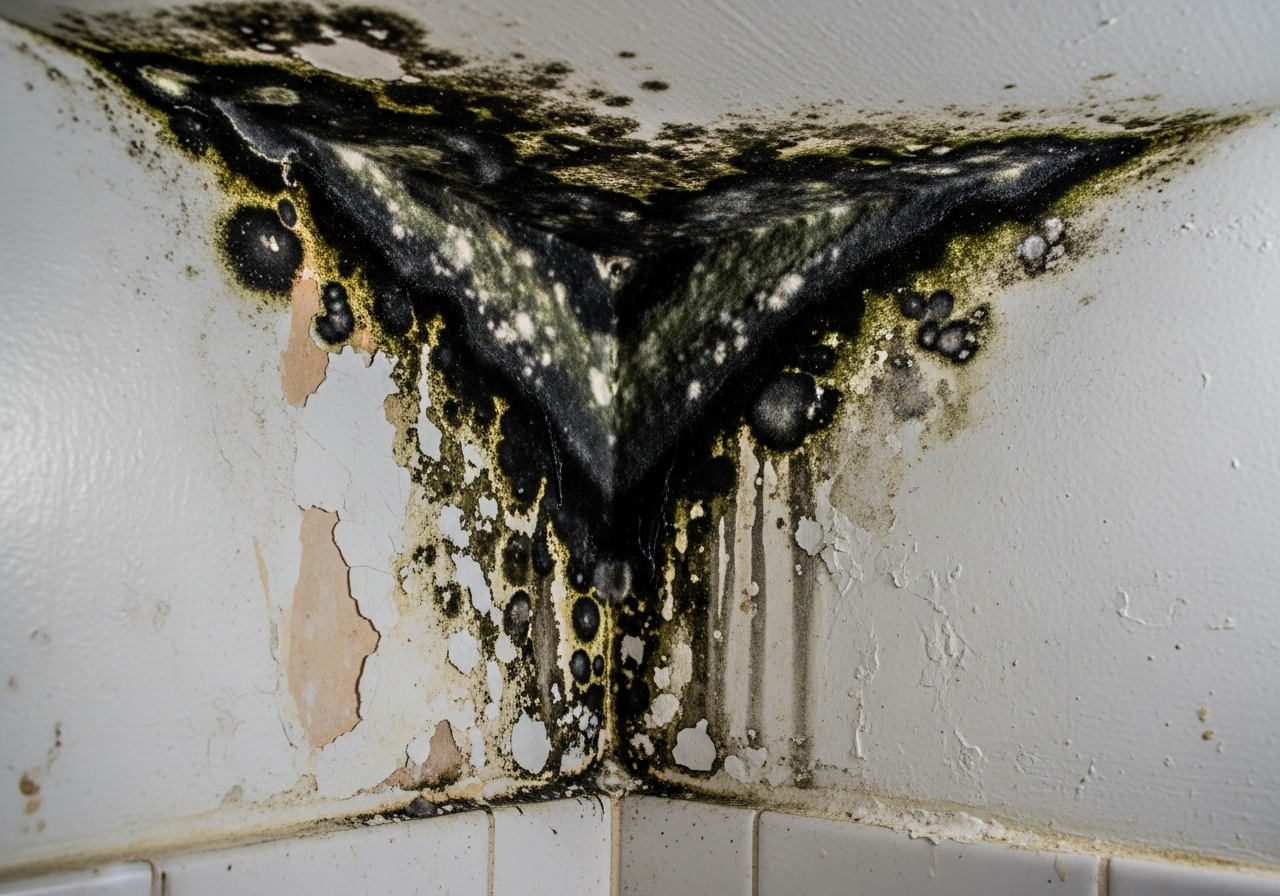 Before: Severe black mold growth behind bathroom wall in a Boca Raton Florida home