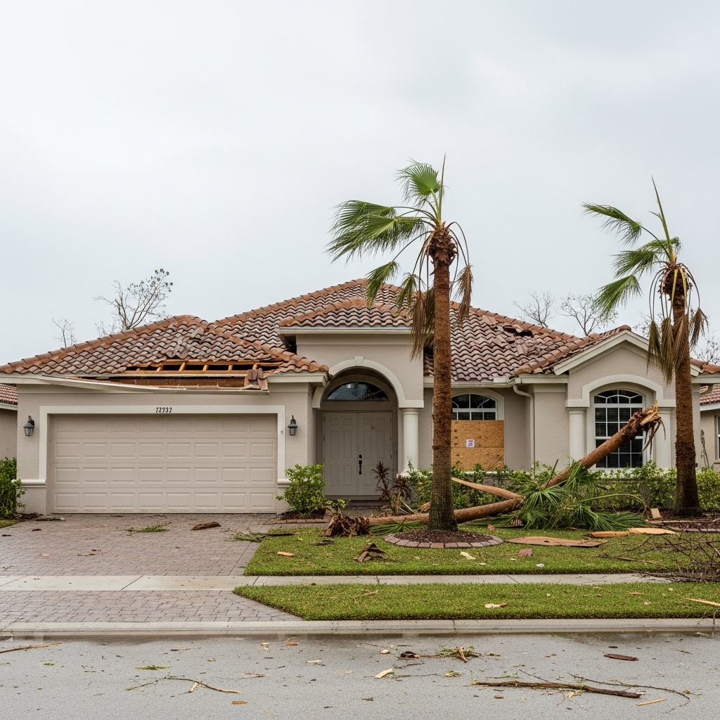 Before: Hurricane storm damage to a Boca Raton Florida home with damaged roof and fallen palm trees