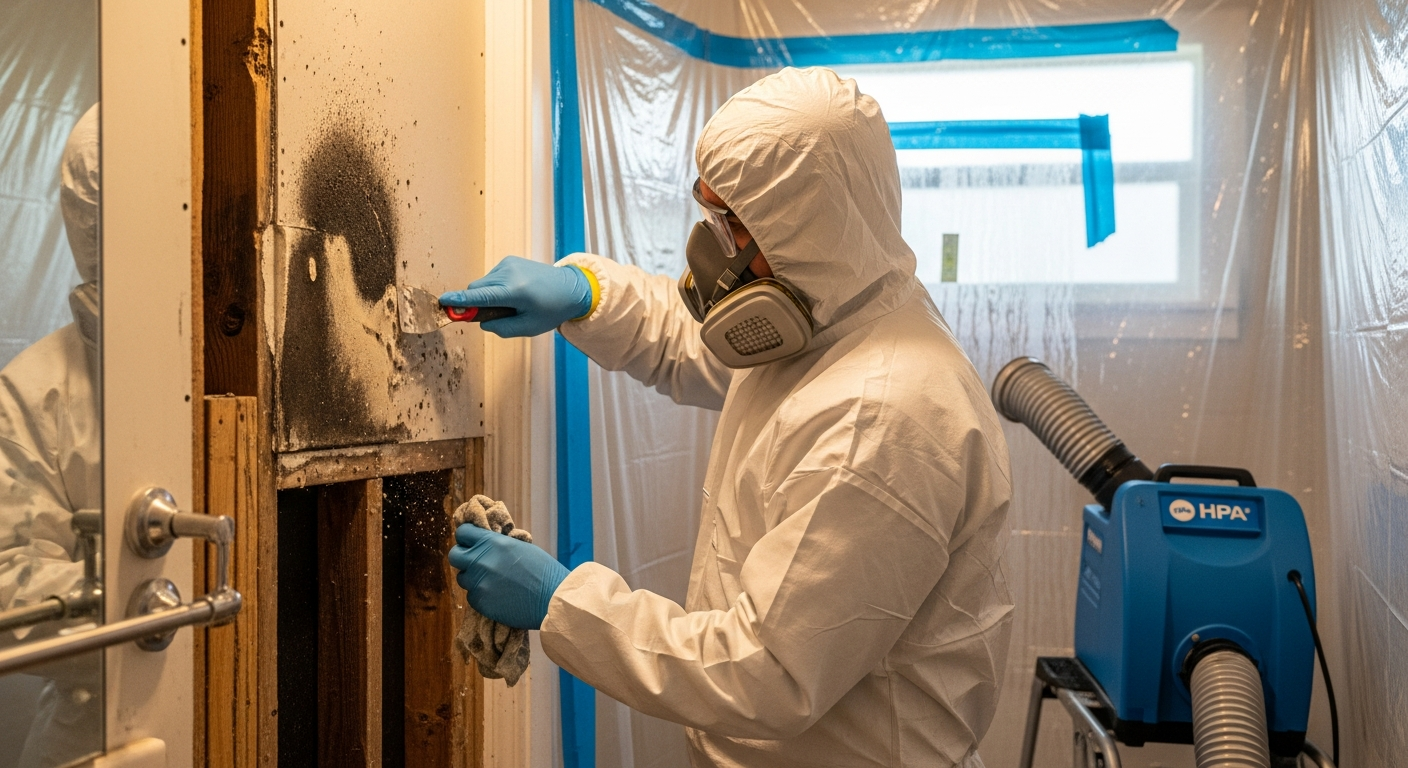 Professional mold remediation specialist removing mold from interior walls