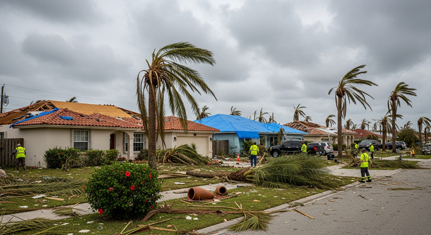 Hurricane storm damage to a residential property with emergency restoration crew in South Florida